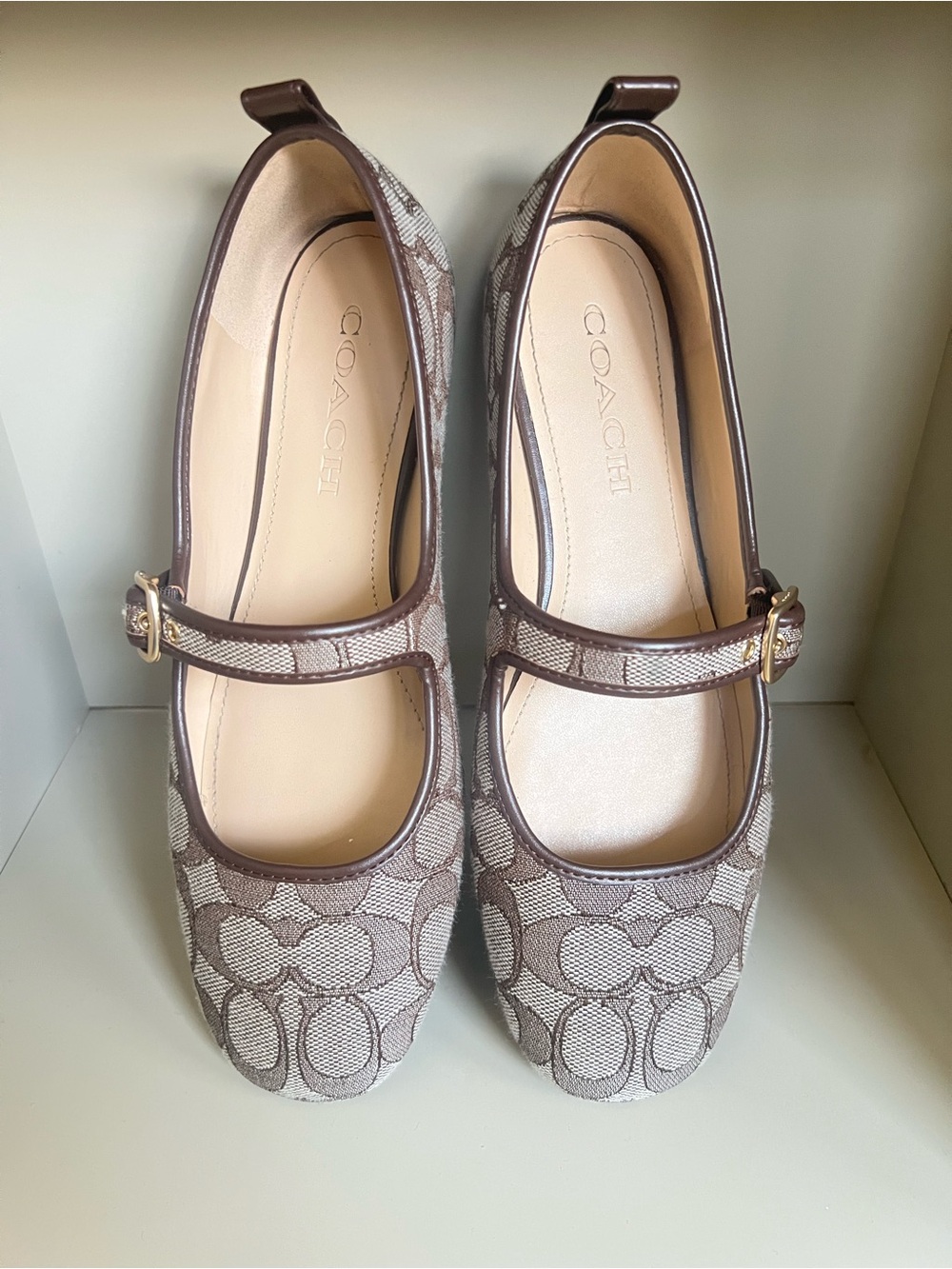 Coach Brown Signature Canvas Mary Jane Flats with Gold Buckle - Picture 3 of 9